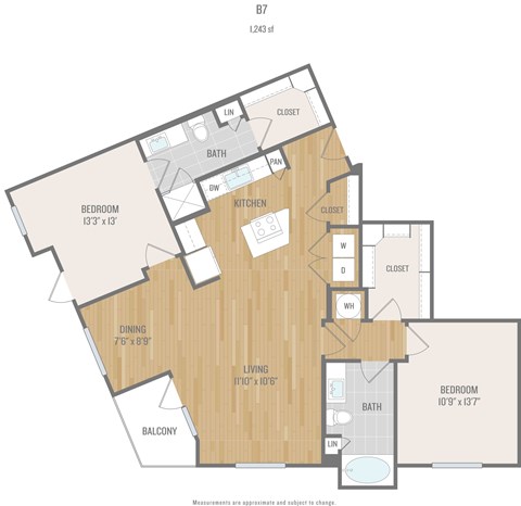 Floor plan for 2 beds, 2 baths, 1243 sqft